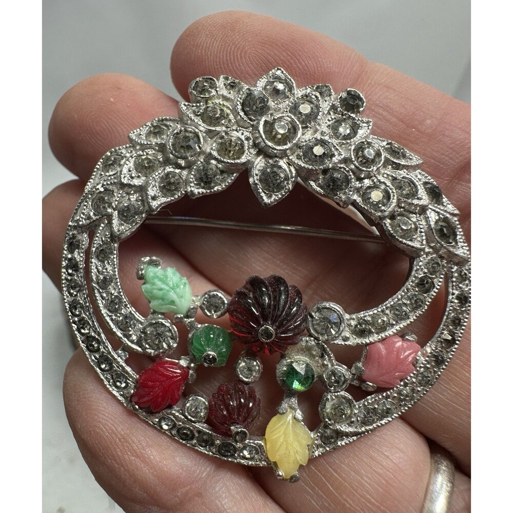 Rhinestones Stones Beads Floral Flower Basket Brooch Pin